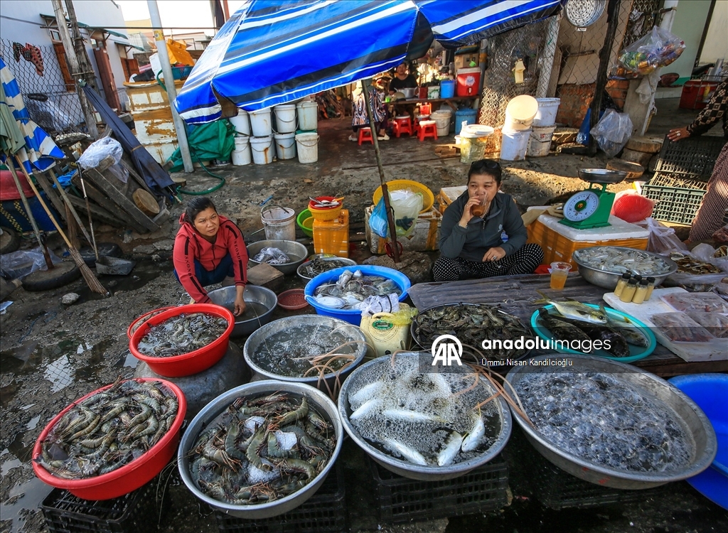 Vietnam’ın Khanh Hai kasabasındaki balıkçı köyünde bölgenin en büyük deniz ürünleri pazarı kuruluyor