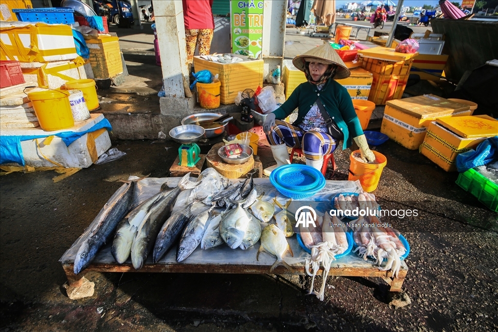 Vietnam’ın Khanh Hai kasabasındaki balıkçı köyünde bölgenin en büyük deniz ürünleri pazarı kuruluyor