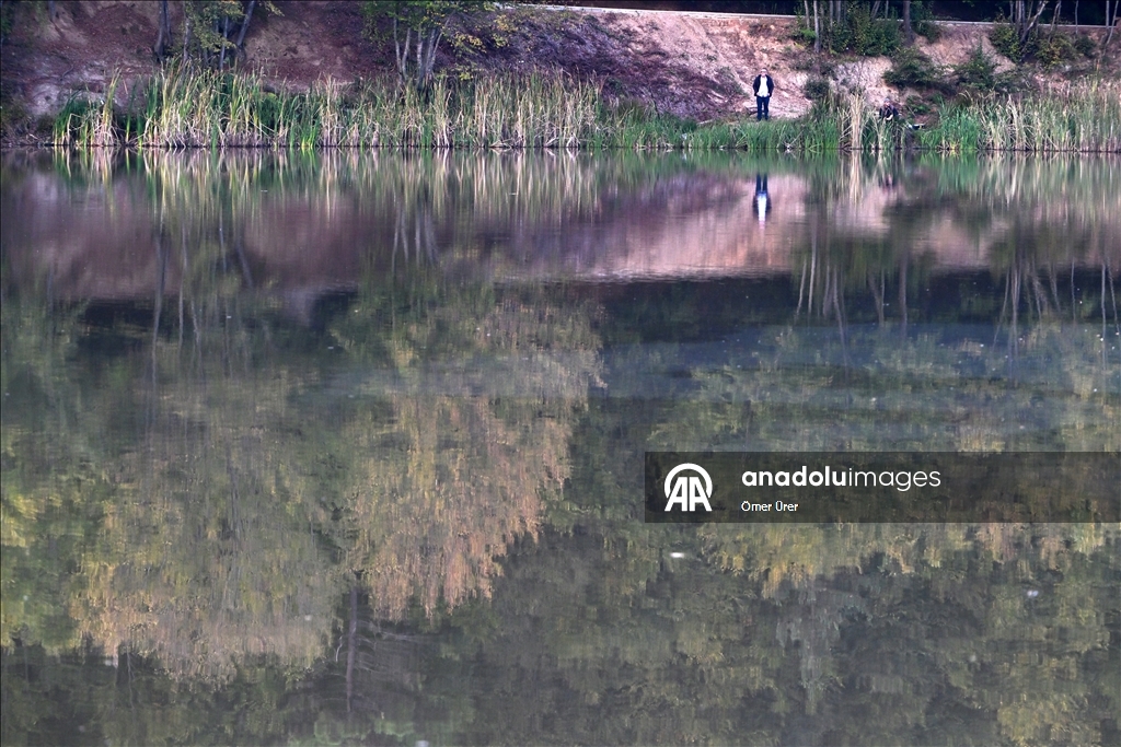 Düzce'deki Korugöl Tabiat Parkı ziyaretçilerini sonbahar manzarasıyla ağırlıyor
