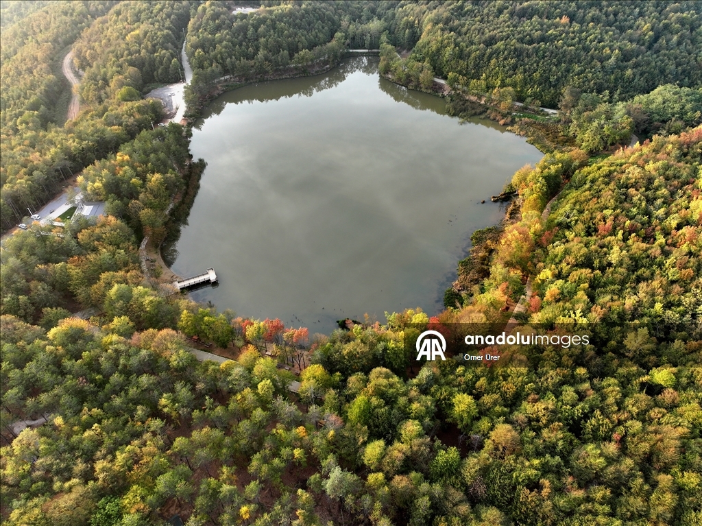 Düzce'deki Korugöl Tabiat Parkı ziyaretçilerini sonbahar manzarasıyla ağırlıyor