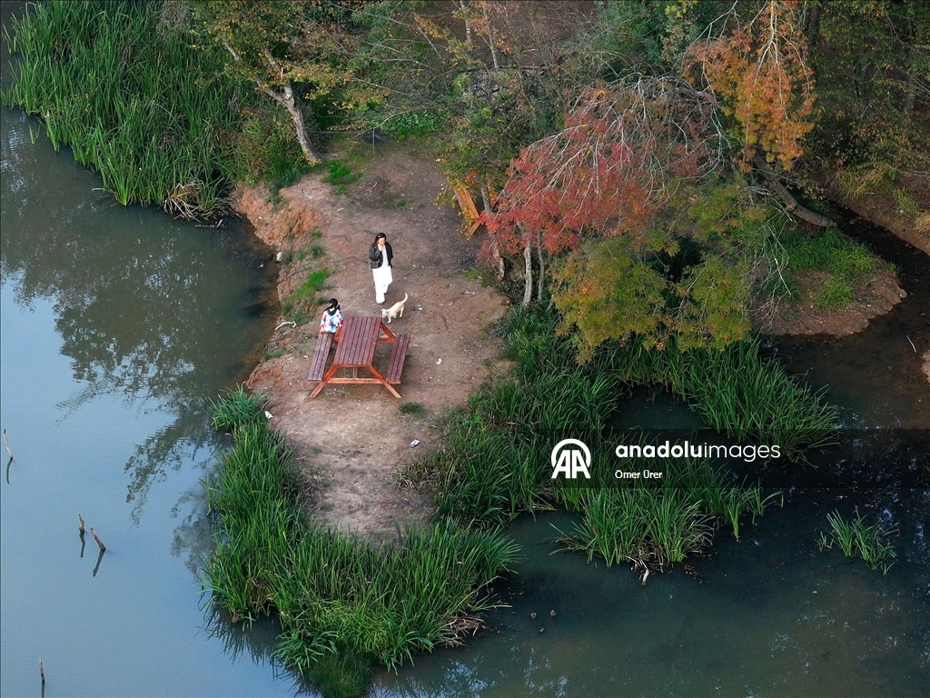 Düzce'deki Korugöl Tabiat Parkı ziyaretçilerini sonbahar manzarasıyla ağırlıyor