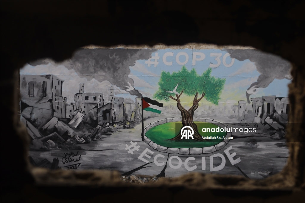 Filistinli ressamlar, Gazze'deki ekolojik kırıma dikkat çekmek için grafiti çizdi 