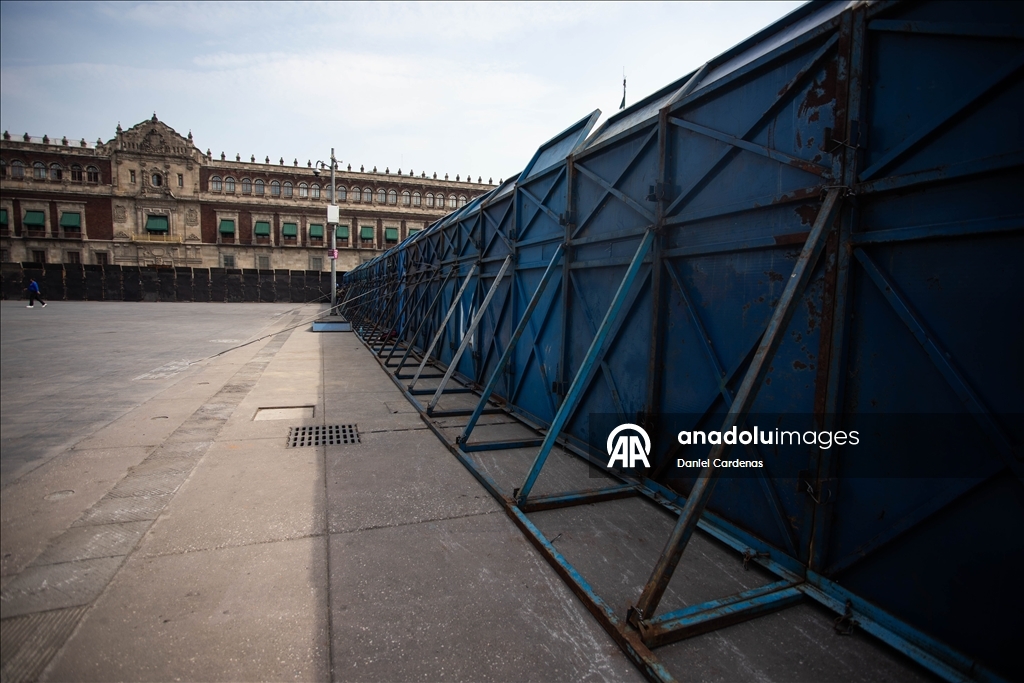 Security fences installed around the National Palace ahead of upcoming demonstrations in Mexico City