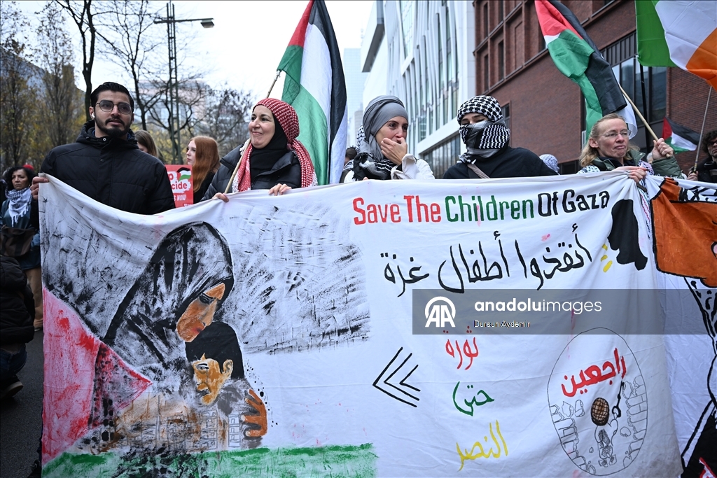 بروكسل.. آلاف يتظاهرون للمطالبة بحصار عسكري شامل على إسرائيل