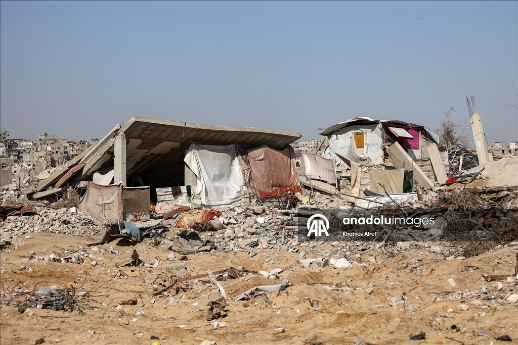 Palestinians try to survive in makeshift tents on top of rubbles of destroyed buildings in Gaza