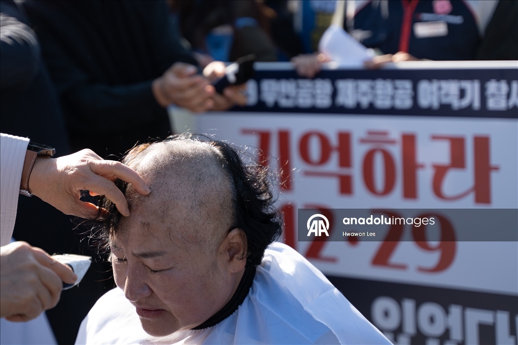 Families of Jeju Air crash victims hold protest and head-shaving ceremony in Seoul