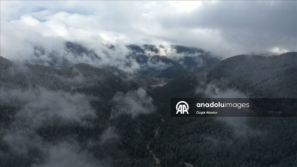 Snowfall and dense fog shroud Mount Ilgaz