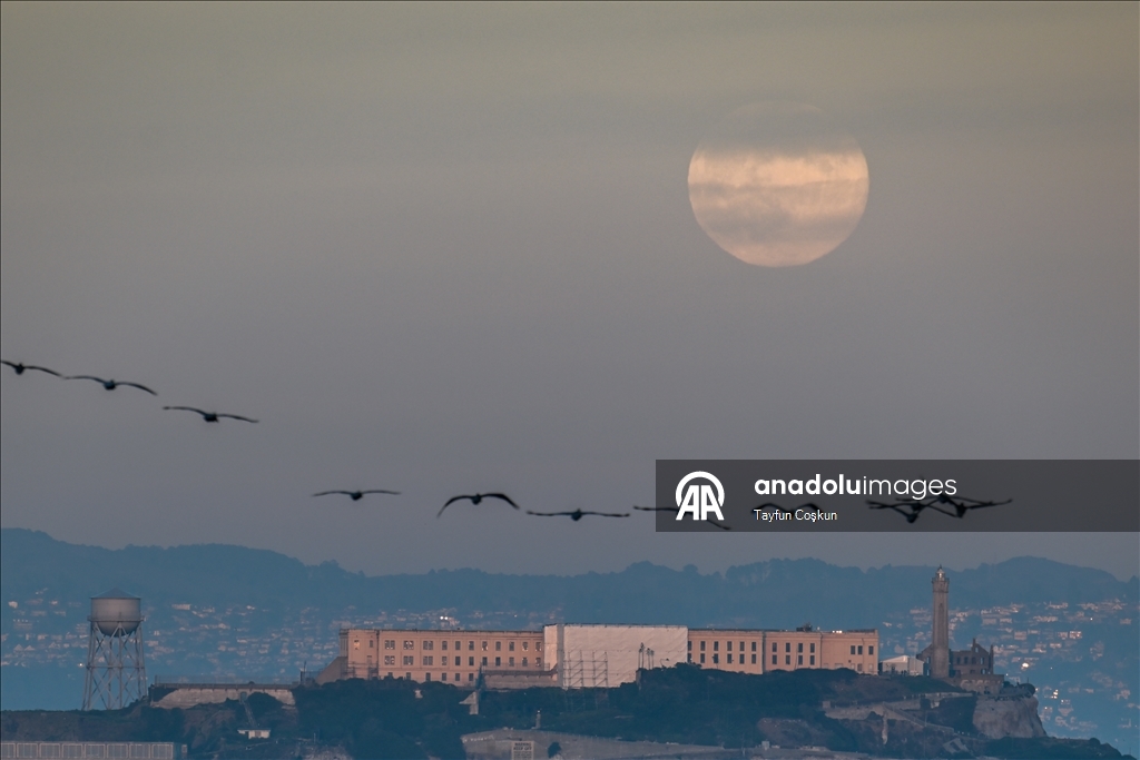 The Full Cold Moon rises over Alcatraz Island of San Francisco