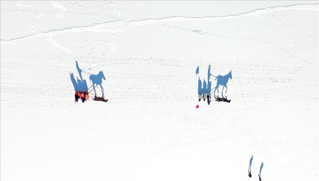 Kısmen donan Çıldır Gölü'nde atlı kızak heyecanı başladı