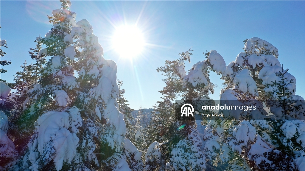 Покрытые белоснежным покровом Кюре-Даглары зафиксированы с высоты птичьего полета