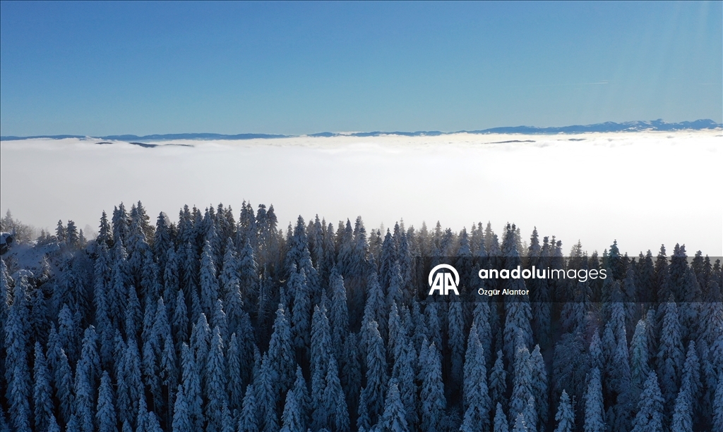 Покрытые белоснежным покровом Кюре-Даглары зафиксированы с высоты птичьего полета