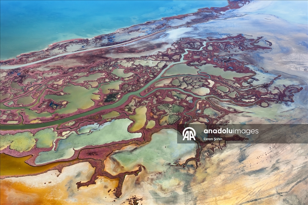 Natural formations on the water surface stand out at Yumurtalik Lagoon in Turkiye’s Adana