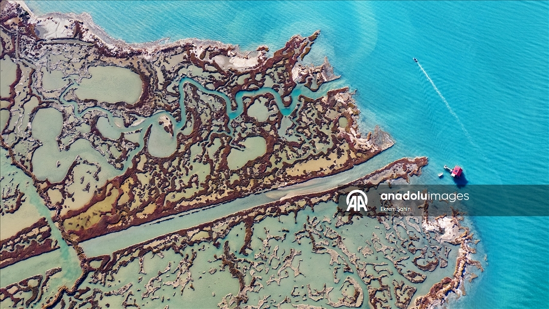 Yumurtalık Lagünü’nde su yüzeyindeki doğal şekiller dikkati çekiyor