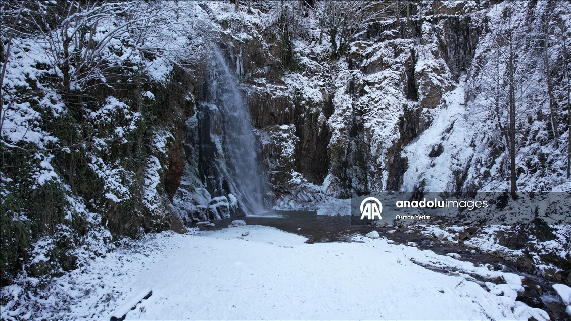 Gümüşhane'deki Çağlayandibi Şelalesi Tabiat Parkı beyaza büründü