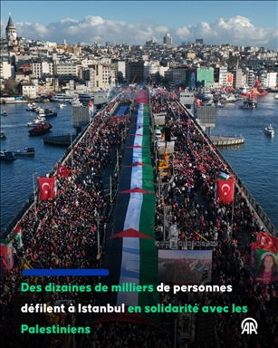 Des milliers de personnes se rassemblent sur le pont Galata à Istanbul le jour de l'An pour manifester leur soutien à la Palestine