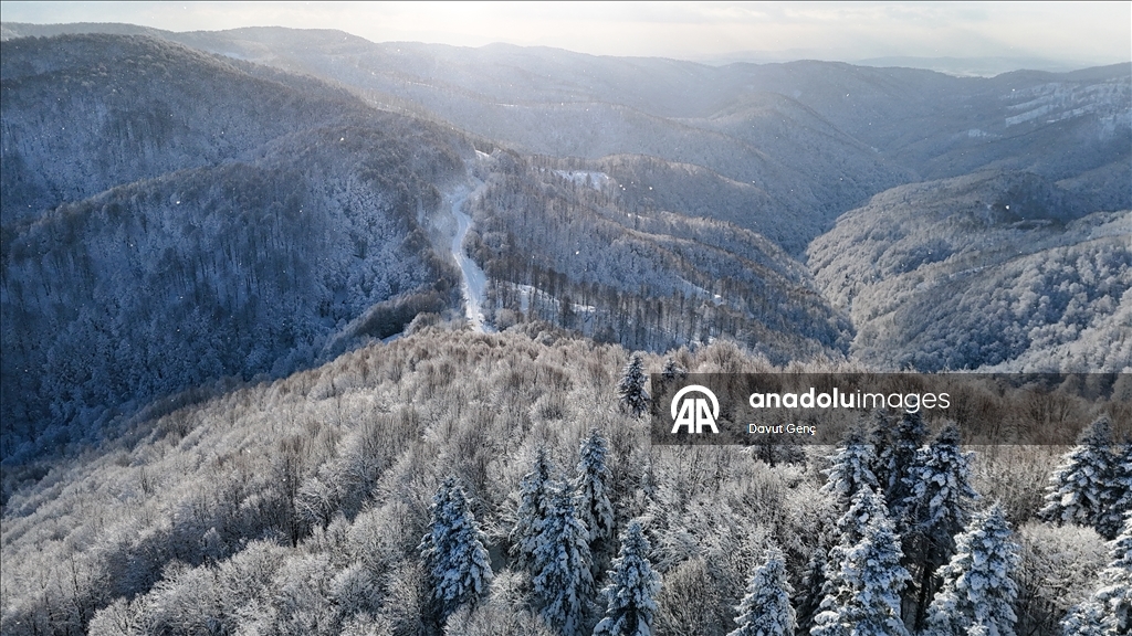 Beyaz örtüyle kaplanan Çam Dağı havadan görüntülendi