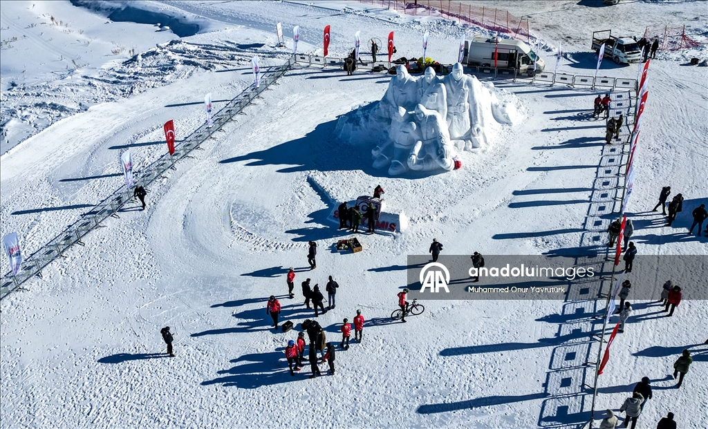 Sarıkamış şehitleri anısına yapılan kardan Türk bayrağı karanfillerle kaplandı
