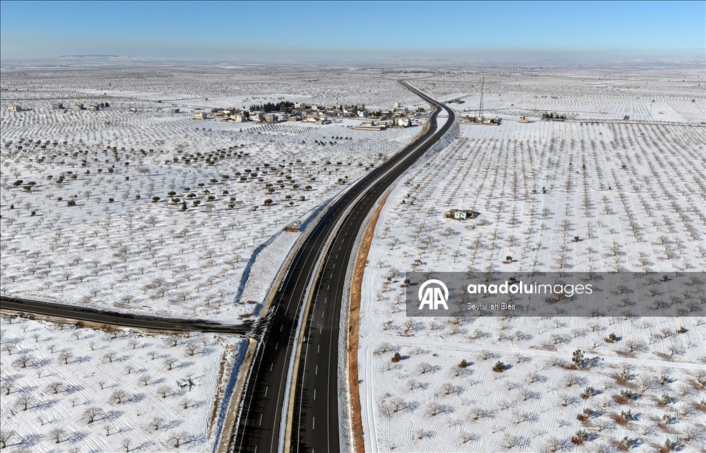 Gaziantep’teki Barak Ovası’nda fıstık bahçeleri karla kaplandı