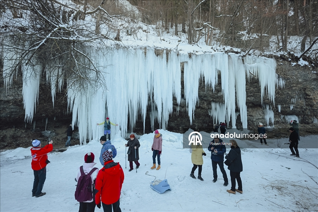 Spectacular ice fall Siklava Skala attracts hundreds during cold winter days in Slovakia
