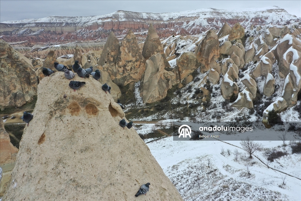 Kapadokya'daki peribacaları kar yağışının ardından beyaz örtüyle kaplandı