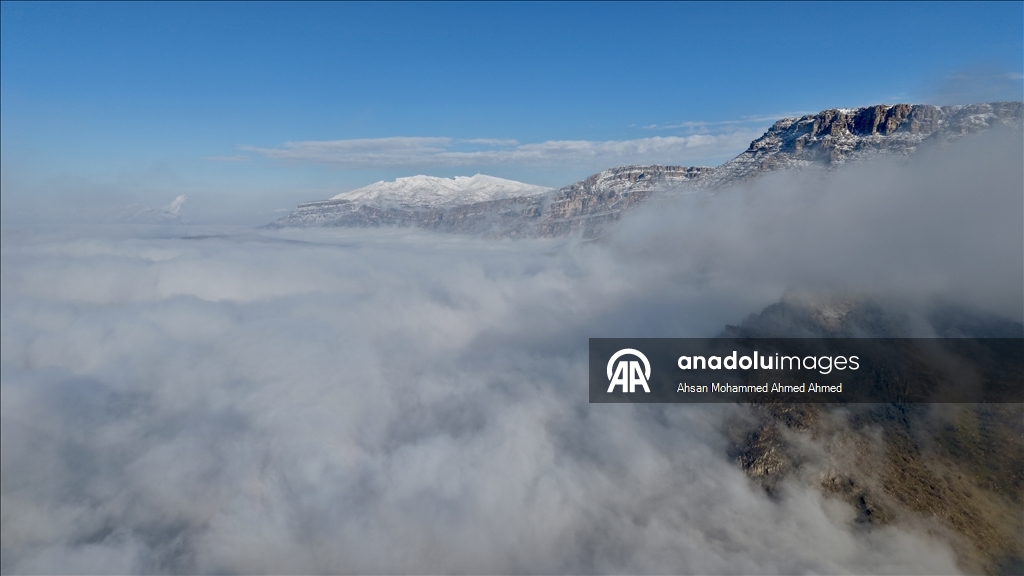 العراق.. أجواء الثلوج والضباب تشكل لوحات فنية رائعة على جبال "أربيل"