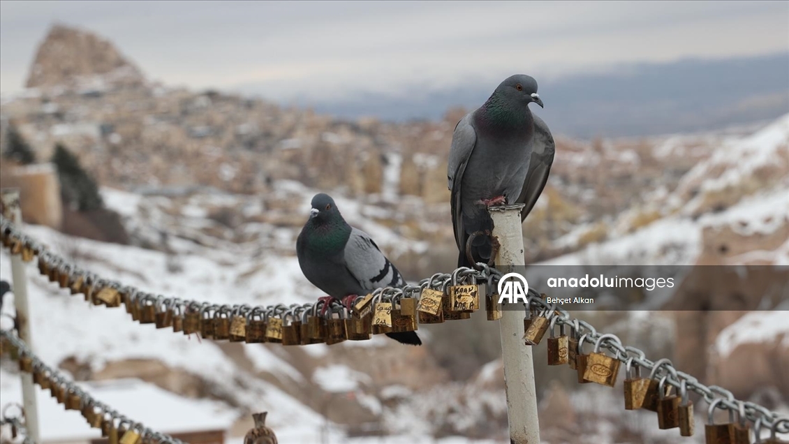Kapadokya'daki peribacaları kar yağışının ardından beyaz örtüyle kaplandı