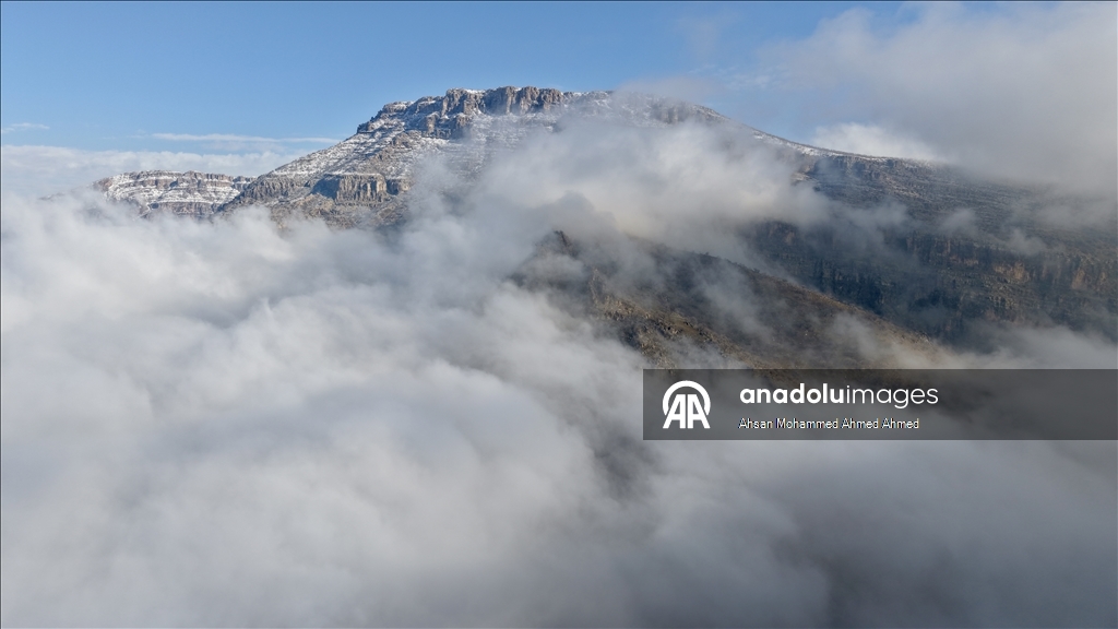 العراق.. أجواء الثلوج والضباب تشكل لوحات فنية رائعة على جبال "أربيل"