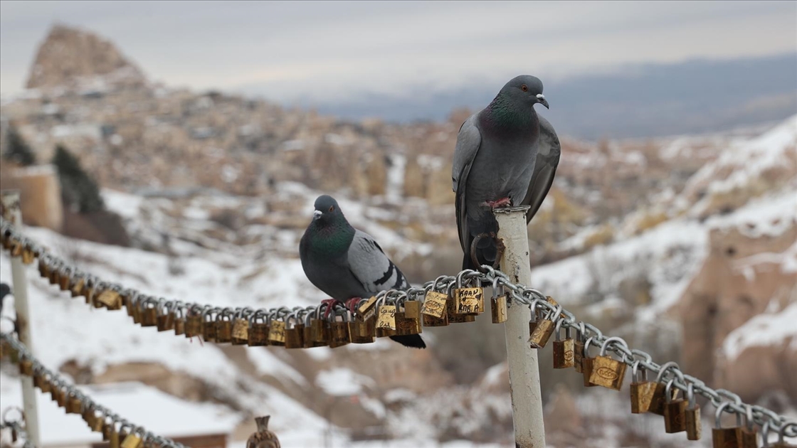 Kapadokya'daki peribacaları kar yağışının ardından beyaz örtüyle kaplandı