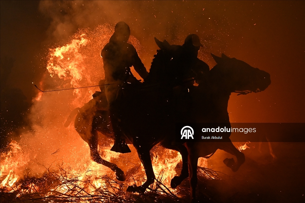 İspanya'da kutsanan atlar ateşin üzerinden atlatıldı