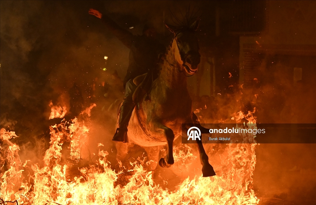İspanya'da kutsanan atlar ateşin üzerinden atlatıldı