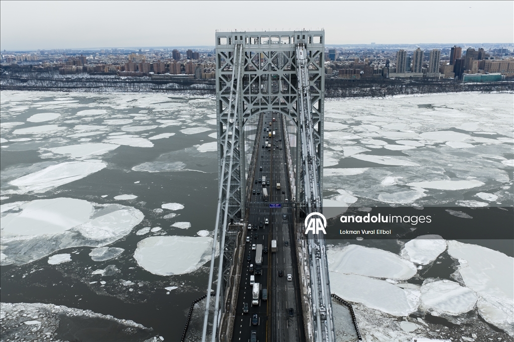 Hudson River partly frozen after winter storm near George Washington Bridge in New York