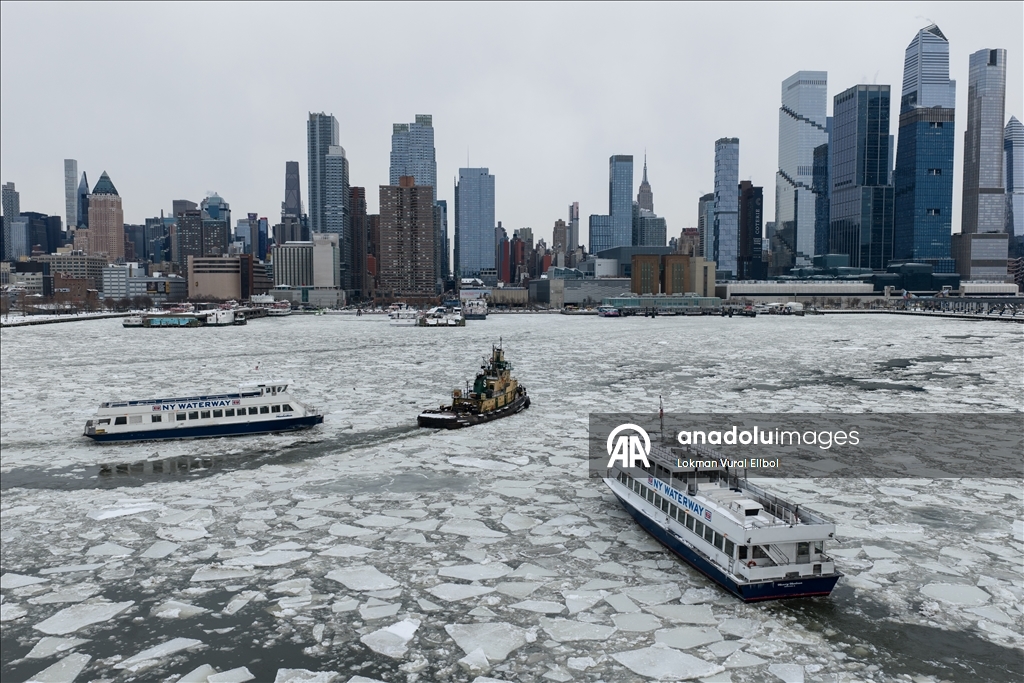 Hudson River partly frozen after winter storm near George Washington Bridge in New York