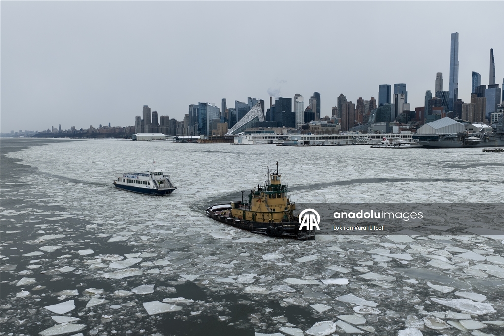 Hudson River partly frozen after winter storm near George Washington Bridge in New York