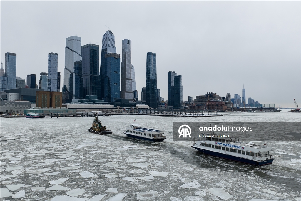 Hudson River partly frozen after winter storm near George Washington Bridge in New York