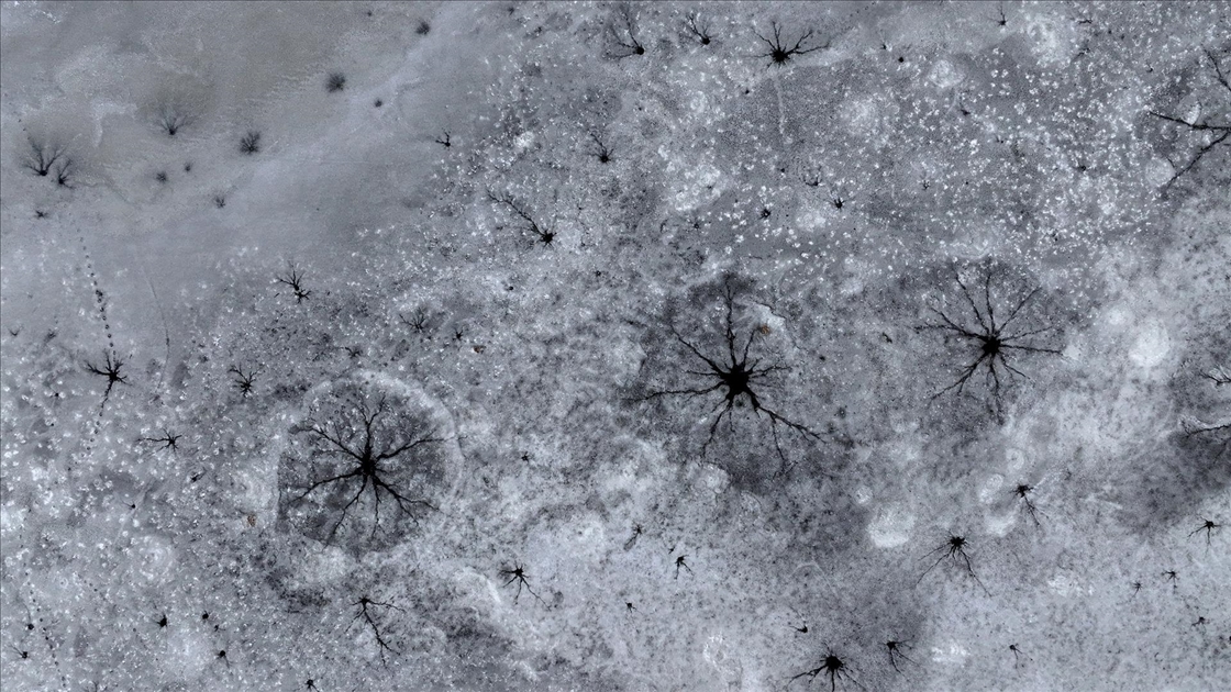 Gümüşören Barajı'nda soğuğun etkisiyle oluşan ve göz bebeklerine benzeyen buz oluşumları görüntülendi