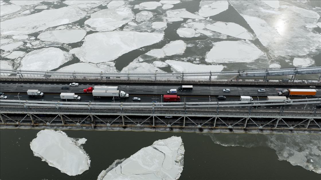 Hudson River partly frozen after winter storm near George Washington Bridge in New York