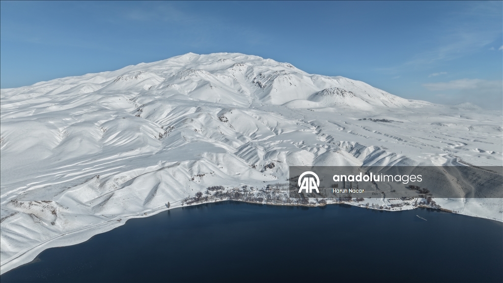Mount Suphan and Lake Aygir covered in snow in Turkiye's Bitlis