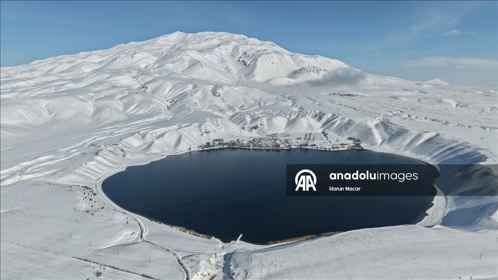 Mount Suphan and Lake Aygir covered in snow in Turkiye's Bitlis