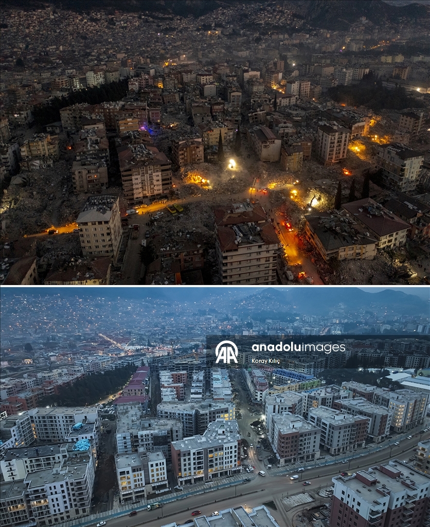 6 ŞUBAT DEPREMLERİNİN ÜÇÜNCÜ YILI - Depremlerin yıktığı Hatay'ın 3 yıl önceki hali ve yeniden inşası aynı karelerde