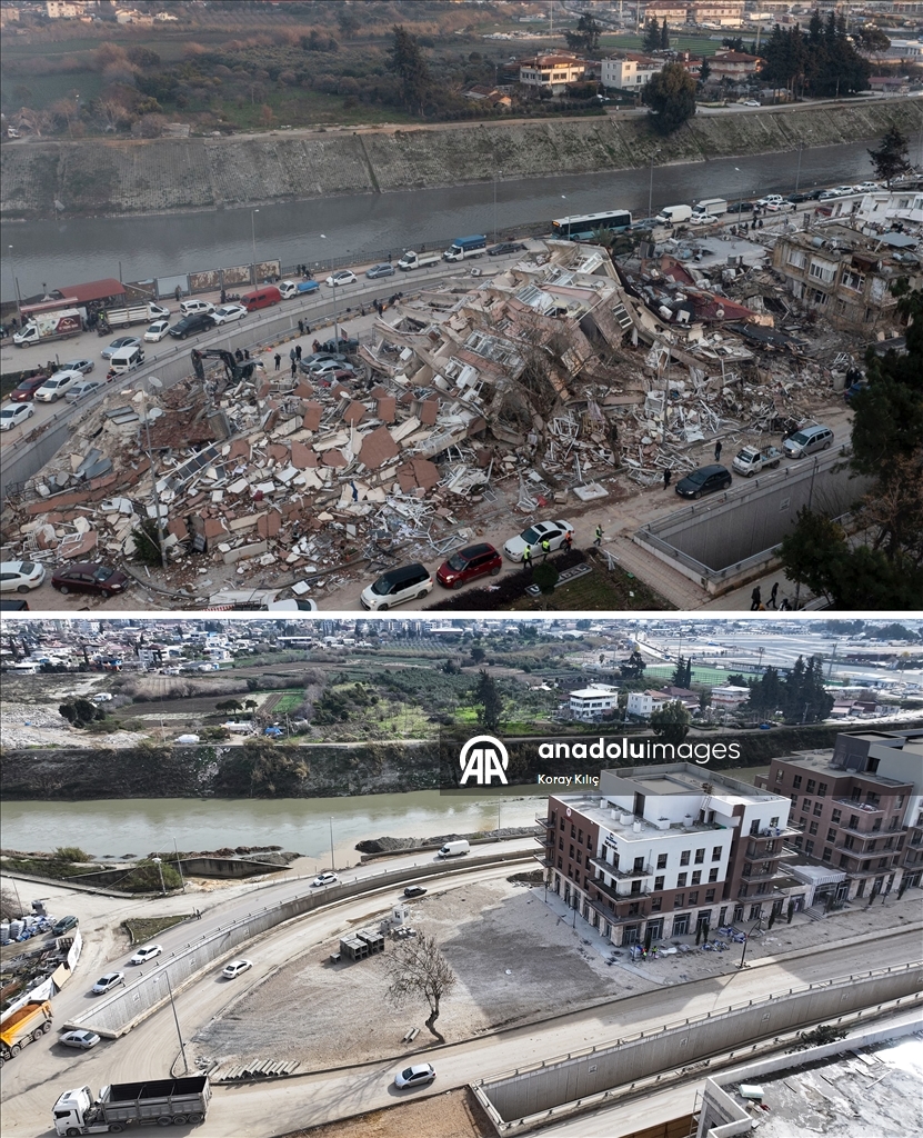 6 ŞUBAT DEPREMLERİNİN ÜÇÜNCÜ YILI - Depremlerin yıktığı Hatay'ın 3 yıl önceki hali ve yeniden inşası aynı karelerde