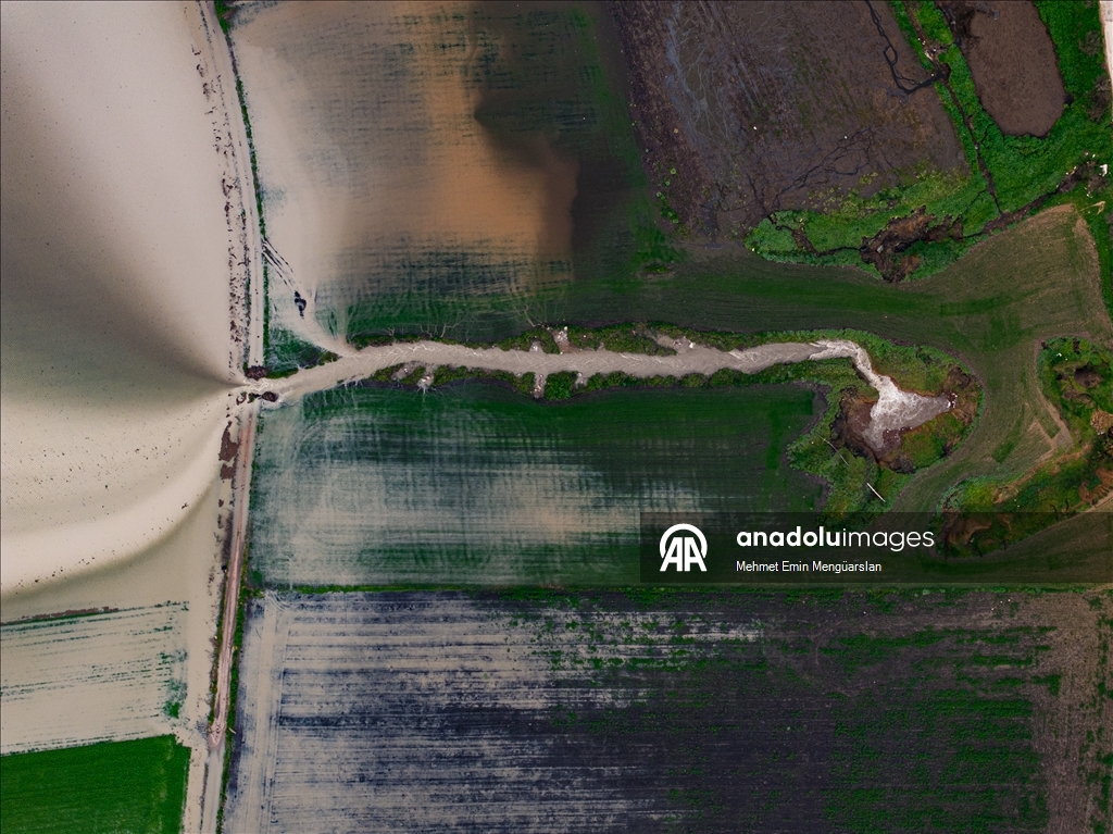 Tarlaları su altında kalan çiftçiler, açtıkları kuyular ve düdenlerle suyu yer altına aktarıyor