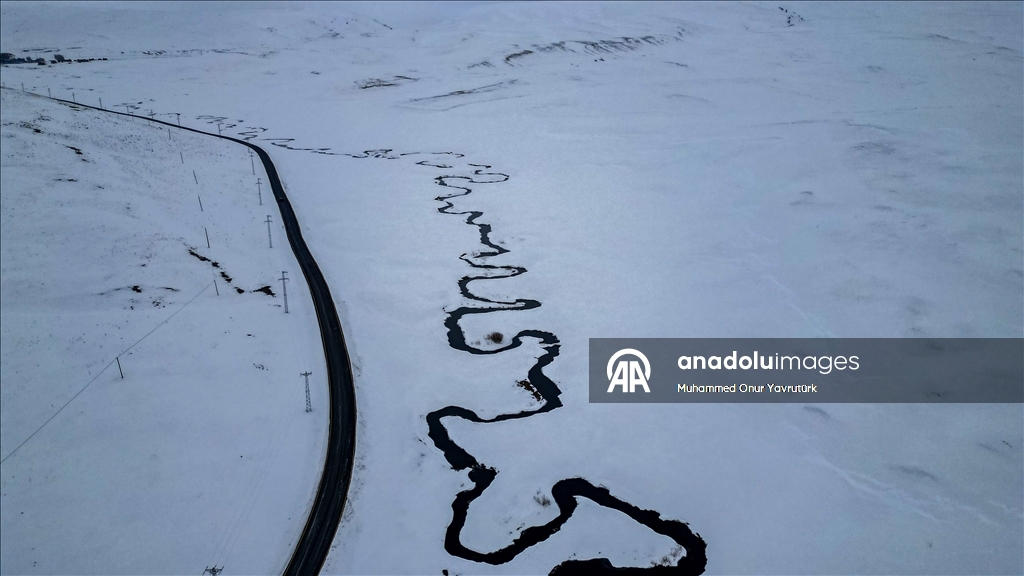 Erzurum'da karla kaplanan mendereslerde kış güzelliği 1