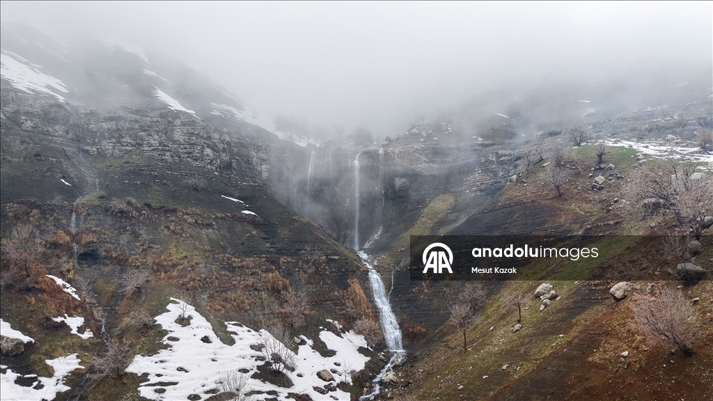 Snowmelt-fed waterfalls flow in Hakkari