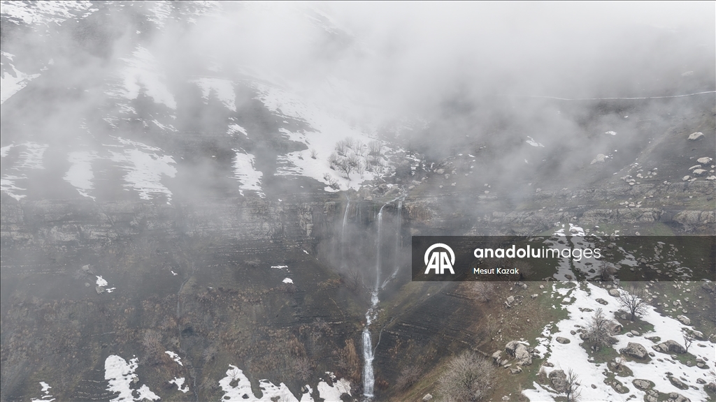 Snowmelt-fed waterfalls flow in Hakkari