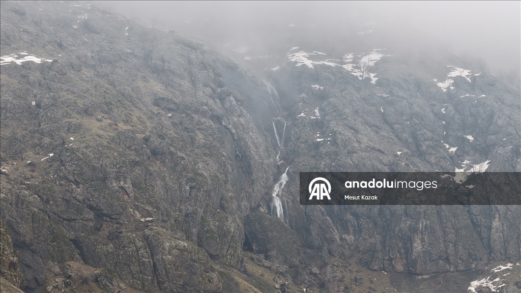 Snowmelt-fed waterfalls flow in Hakkari