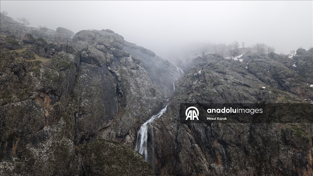 Snowmelt-fed waterfalls flow in Hakkari