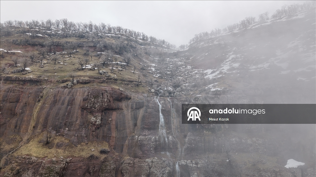 Snowmelt-fed waterfalls flow in Hakkari