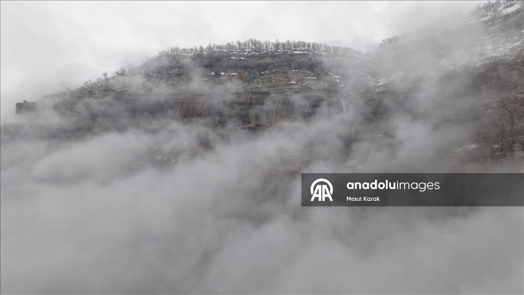 Snowmelt-fed waterfalls flow in Hakkari