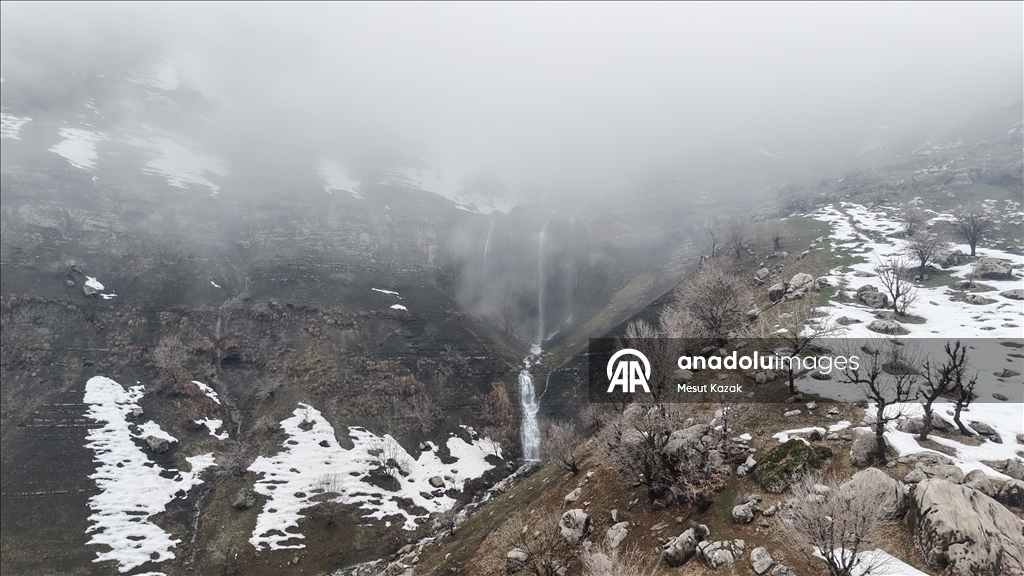 Snowmelt-fed waterfalls flow in Hakkari