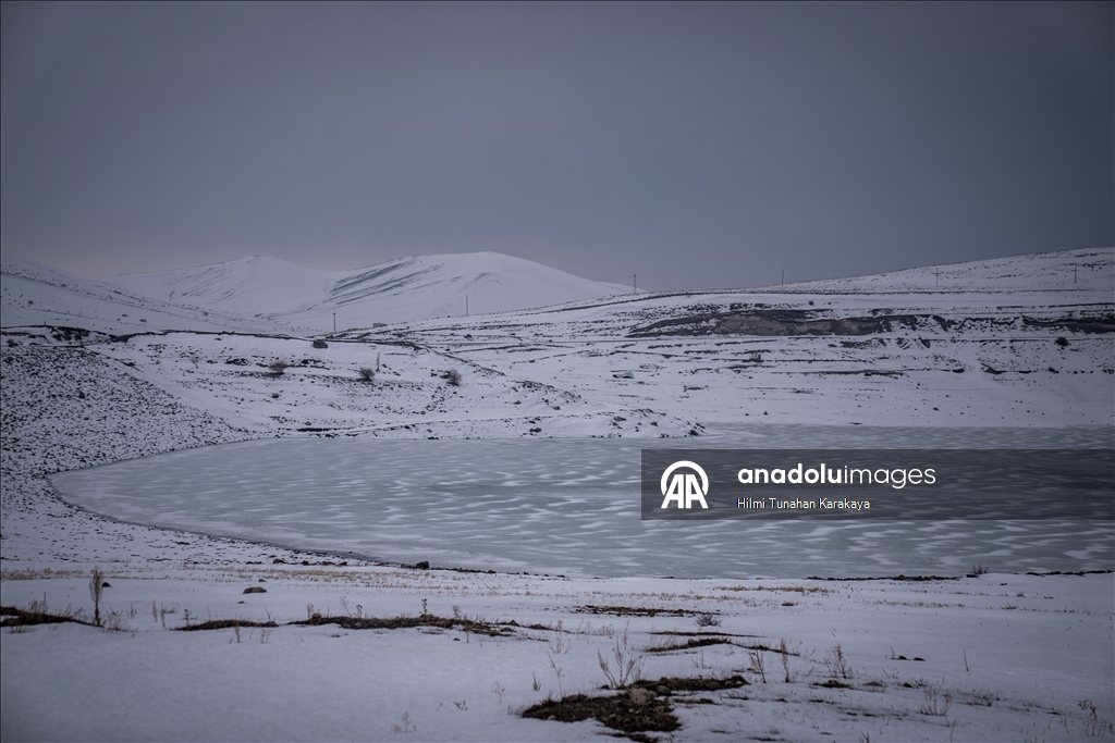 Demirdoven Dam in Erzurum frozen due to cold weather